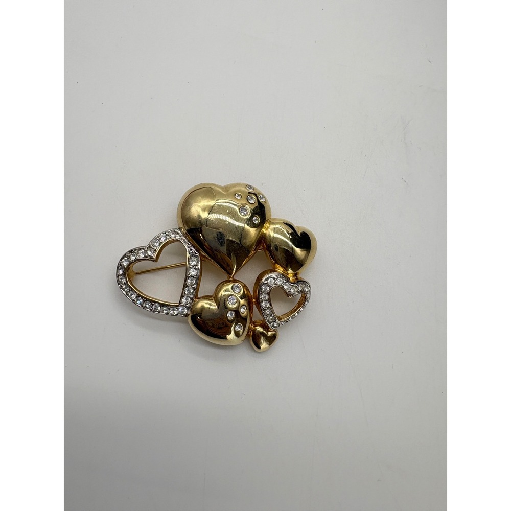 Gold Tone Multi Heart Cluster Brooch Rhinestone Accent Romantic Pin